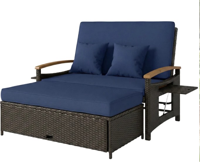 Outsunny Rattan Outdoor Daybed w/4-Level Adjustable Backrest, Patio Sofa Bed w/Storage Ottoman, Acacia Wood Armrest, Navy Blue