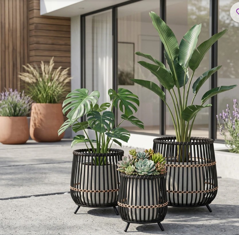 Modern Round Bamboo Wood Planters for Indoor and Outdoor Spaces – Artistic Flower Pots for Home, Living Room, or Patio Decor – Set of 3
