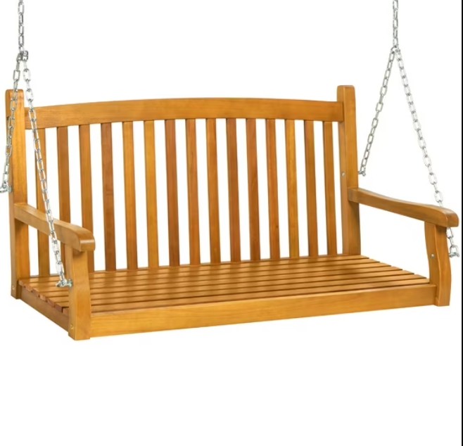 Best Choice Products 48in Wood Porch Swing Outdoor Patio Hanging Bench Chair w/ Mounting Chains, 500lb Capacity – Brown
