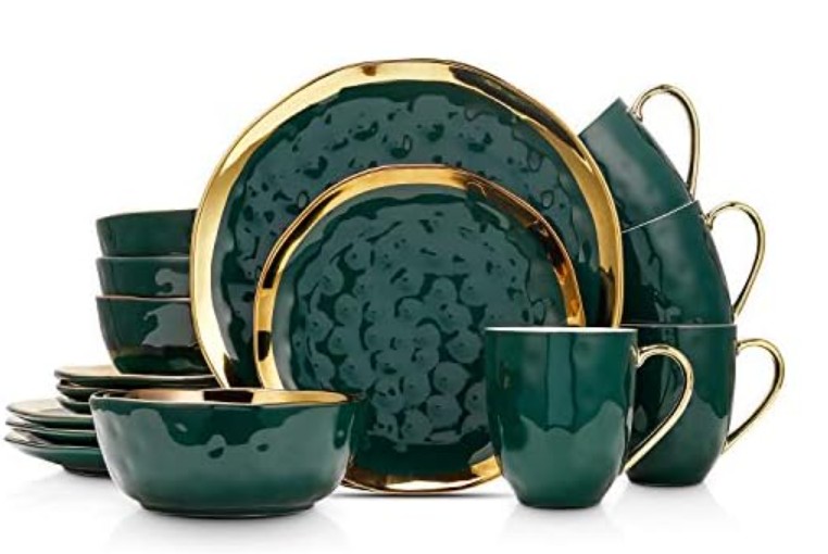 Stone Lain Florian Modern Porcelain 16 Piece Dinnerware Set, Plates and Bowls Set, Dish set for 4, Green and Golden Rim