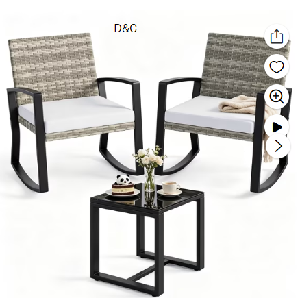 Lofka Patio Rocking Chairs Set with Glass Coffee Table, 3-Piece Outdoor Furniture Set for Balcony, PE Rattan, Light Gray