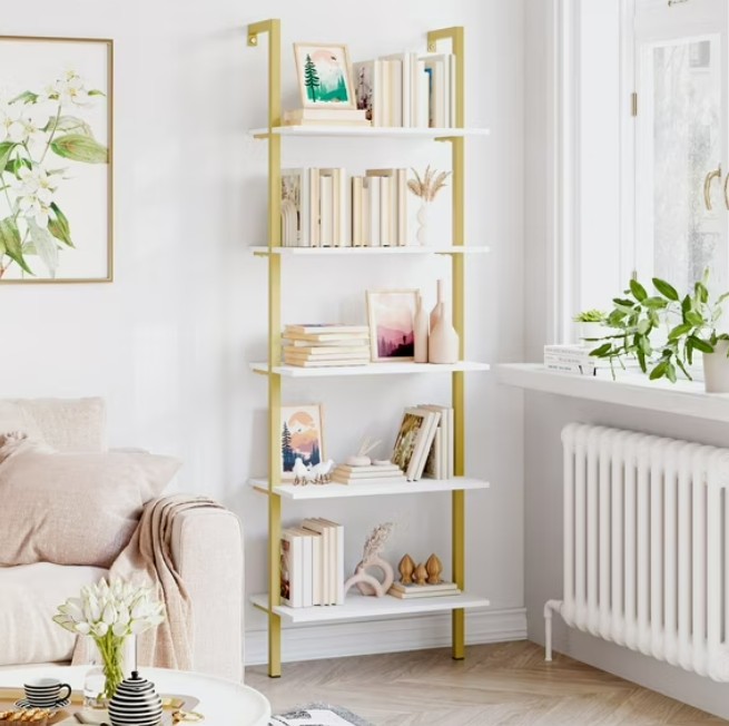 Homfa Wall Mounted Iron Bookcase, 5 Tiers Ladder Shelves with Gold Frame, White Finish