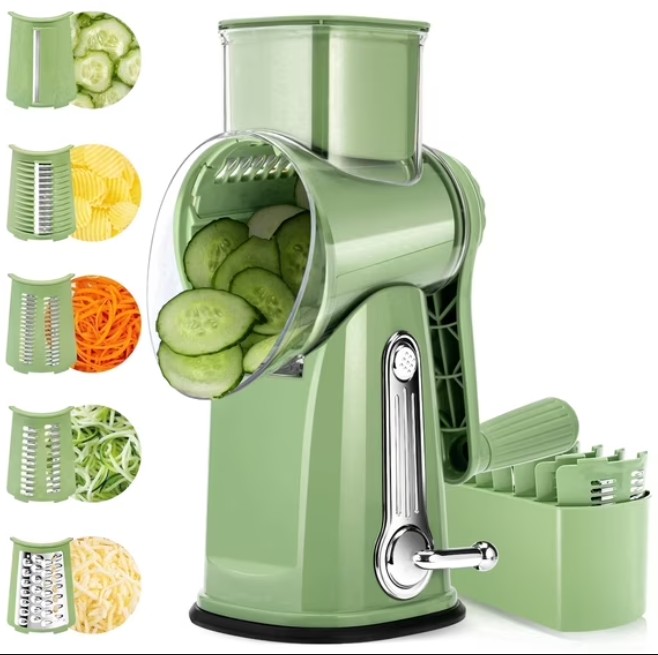 Pukomc Rotary Cheese Grater with Handle- 5 Blades, Suction Base, Mandoline Slicer & Veg Shredder with Blade Storage Box(Green)