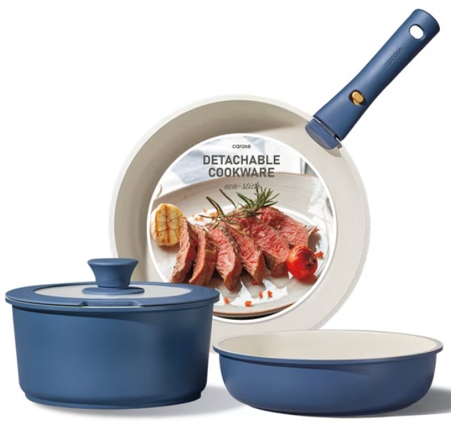 Carote 5 Pcs Pots and Pans Nonstick, Cookware Set with Detachable Handles, Oven Safe, Induction Ready, Stackable Kitchen Cooking Set, Navy Blue