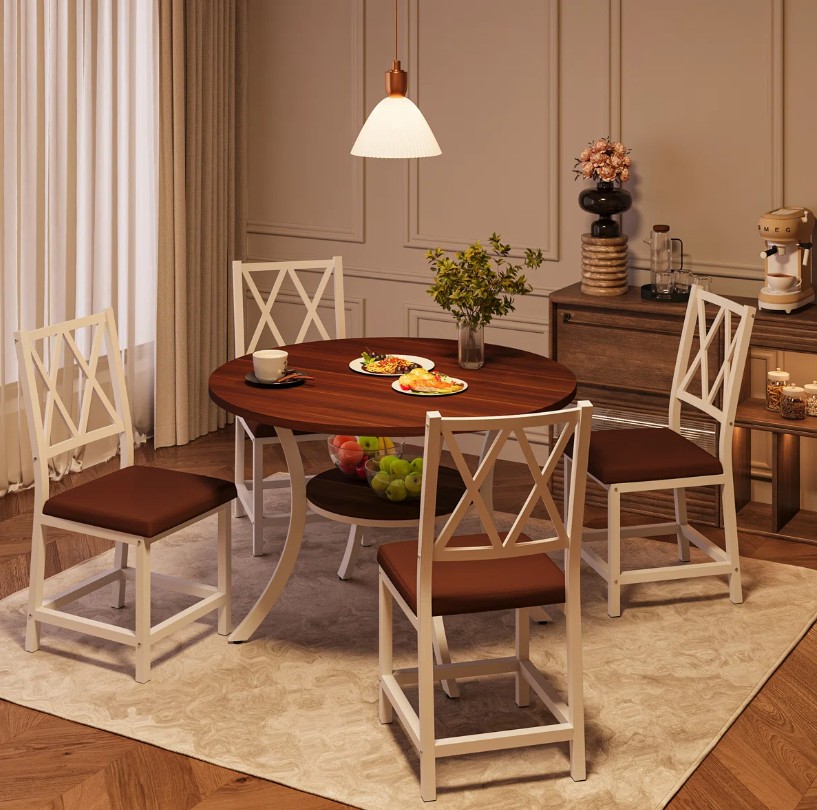 5 Pieces 35.4’’ Transitional Style Round Dining Table Set, Extendable Folding Kitchen Dining Table Set For 4 With 4 PU Upholstered Dining Chairs