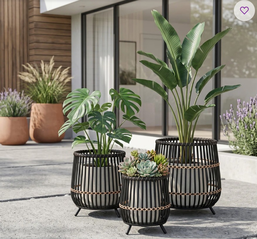 Modern Round Bamboo Wood Planters for Indoor and Outdoor Spaces – Artistic Flower Pots for Home, Living Room, or Patio Decor – Set of 3