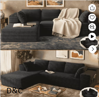 Sofa, Lofka 105″ Free Assembly L-Shaped Sectional with Pet Friendly Corduroy Fabric, Black for Living Room/Apartment