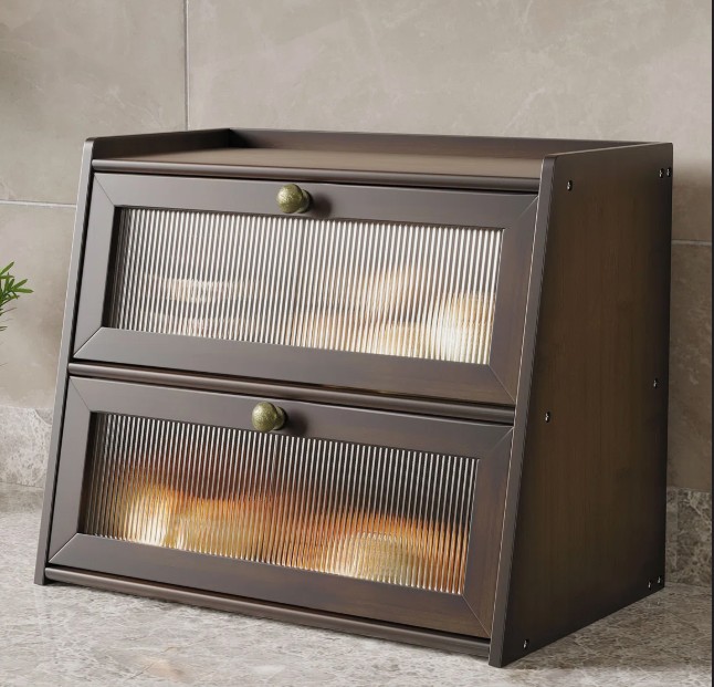 Bread Box Double Layer Large Food Storage Bin Bamboo Farmhouse Breadbox Organizer