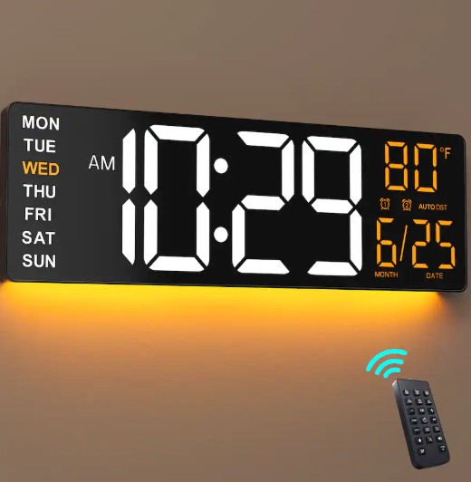 Easyera – 16.5″ Large Digital Wall Clock with Anti-Glare Display, RGB Lights with 10 Scenes Mode Remote Control, Auto DST, BT Sync – Black