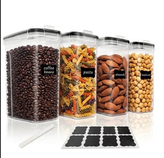 NULAS Airtight Food Storage Containers with Lids, 4pcs BPA-Free Plastic Meal Prep Containers & Kitchen Pantry Organization Canisters for Cereal, Dry Food, Flour and Sugar, 135.2 fl oz,Black