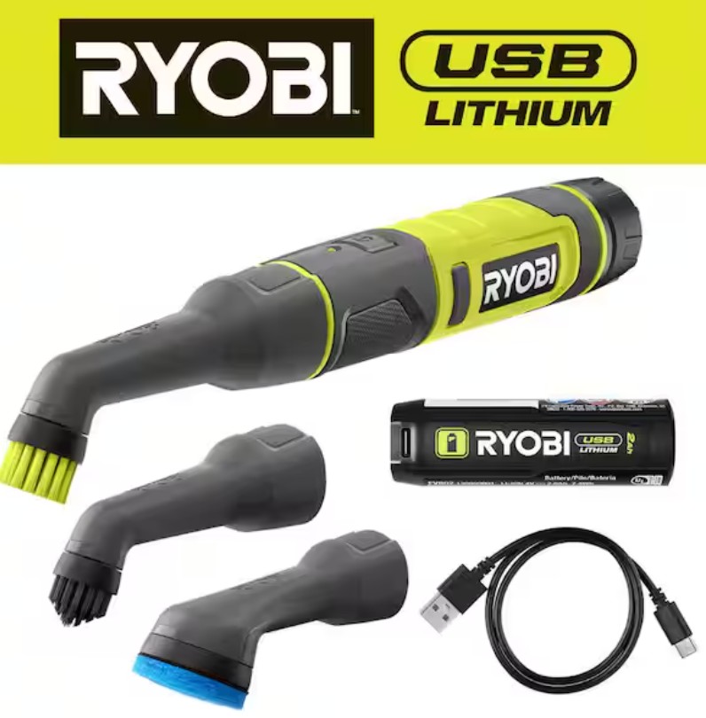 USB Lithium Cordless Compact Detail Scrubber Kit w/ 2Ah Battery, Charging Cable & (3) Head Attachments-Med, Hard & Scour
