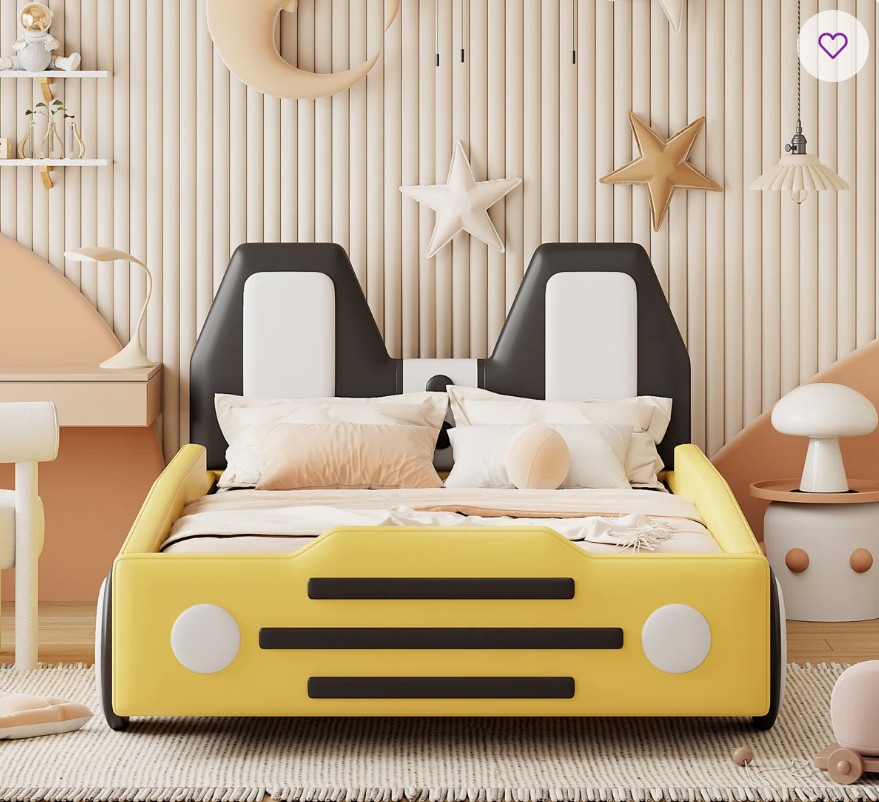 Race Car-Shaped Platform Bed with Wheels, Yellow, Sturdy Frame, High Elasticity Padding, Soft Fabric Surface