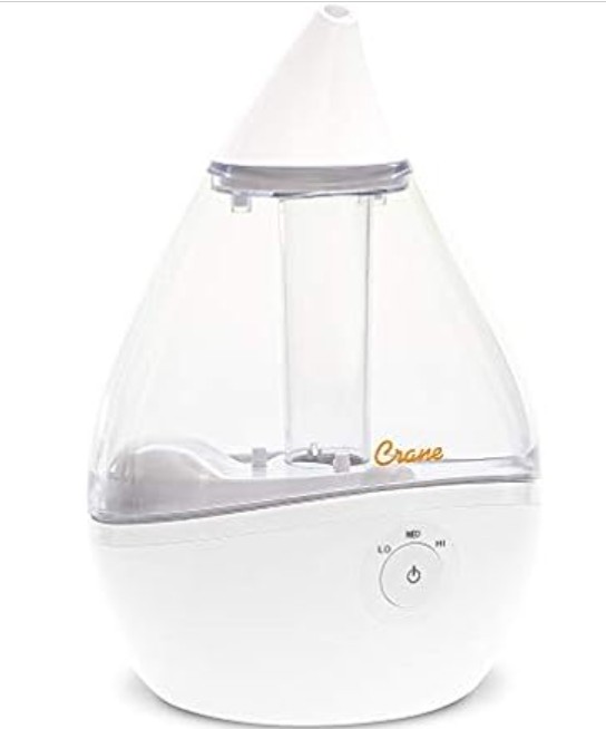 Crane Ultrasonic Teardrop Humidifier for Baby, Cool Mist, Auto Shut off, Adjustable Humidity, for Nursery, Bedroom, Clear and White, 0.5 Gallon