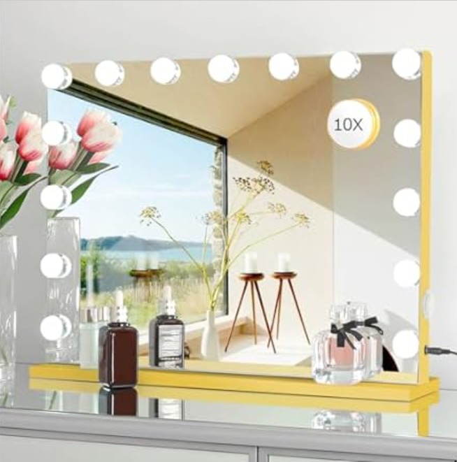 LilyHome 22.8″x 18.1″ Vanity Mirror Makeup Mirror with Lights,10X Large Hollywood Lighted Vanity Mirror with 15 Dimmable LED Bulbs,3 Color Modes,Touch Control for Bedroom,Tabletop or Wall-Mounted