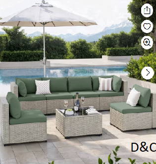 Amopatio 7 Pieces Patio Conversation Set, Outdoor Sectional PE Rattan Wicker Furniture Seat,GREEN