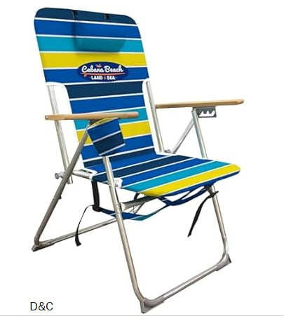 Cabana Beach Folding Beach Chair, 4 Position Portable Backpack Foldable Camping Accessories with Headrest, Cup Holder, and Wooden Armrests, Cool Bold Stripe