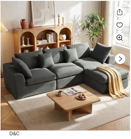 Alupssuc 110″ Cloud Sectional Couches for Living Room, L-Shaped Convertible Sofa, 3-Seat Modular Boneless Couch with Movable Ottoman, Darkgrey