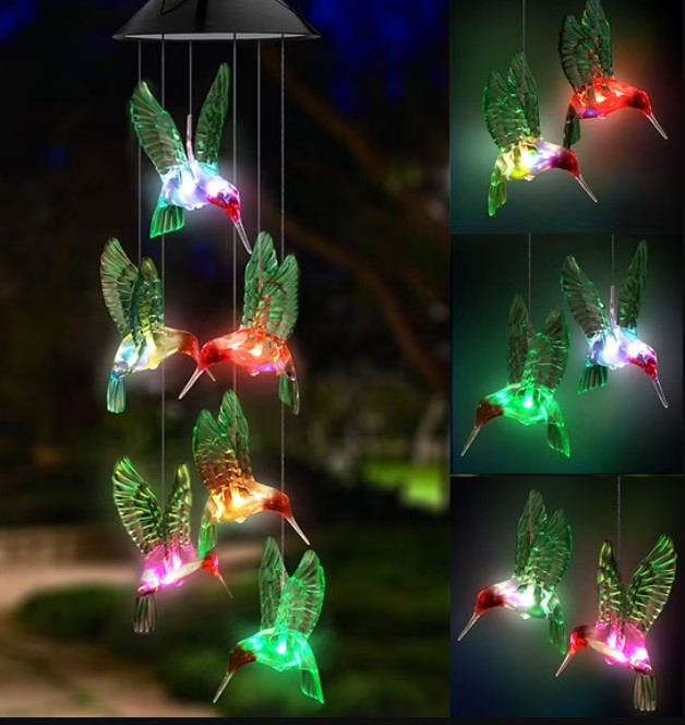 QiShi Solar Hummingbird Wind Chime Outdoor Indoor, Color Changing Led Solar Power Wind Chime Light, Colorful Decorative Mobile Hanging Wind Chime Personalized for Home, Patio, Garden, Yad, Porch