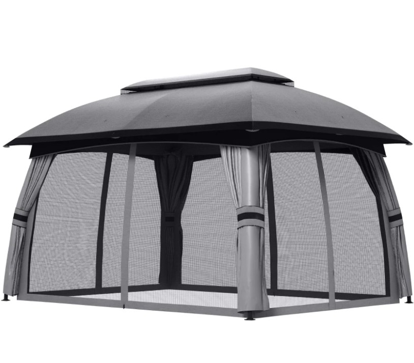 Outsunny 10′ x 13′ Patio Gazebo, Outdoor Gazebo Canopy Shelter with Netting, Vented Roof for Garden, Dark Gray