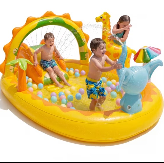 TASKBAY Inflatable Kiddie Pool Giraffe Play Center with Slide and Elephant Sprinkler, Age 2+, 82.7” x 67” x 41.3”
