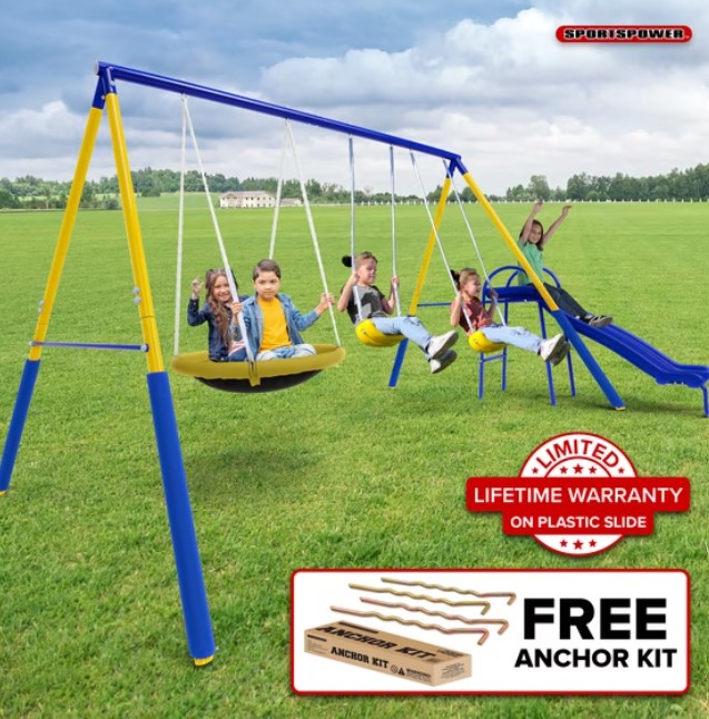 Sportspower Super Saucer Metal Swing Set with 2 Swings, 2-Person Saucer Swing, & 5FT Slide, Outdoor Backyard Fun for Kids Aged 3-8, BONUS Anchor Kit
