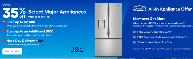 Lowe’s – Up to 35% off select major appliances (Ends 6/16).