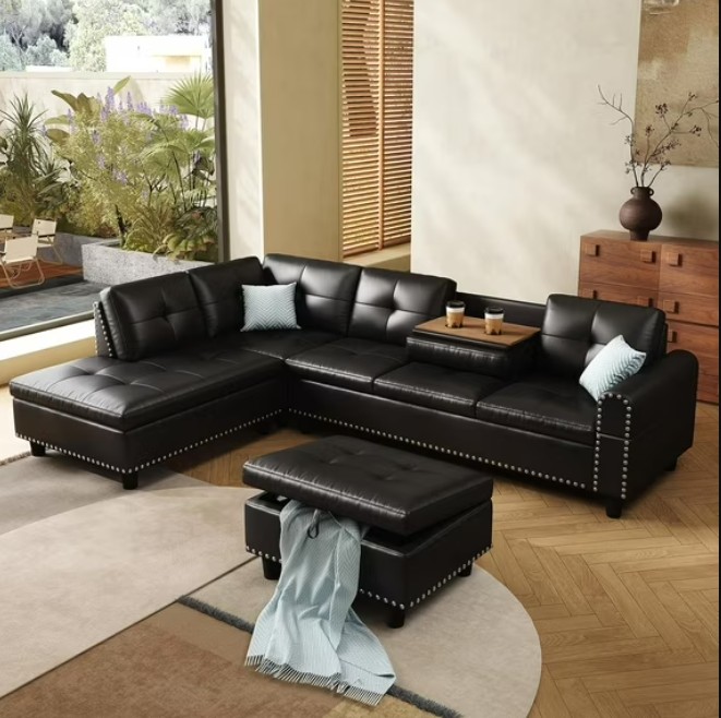 AENKYO 98″ L-Shaped Sectional Sofa with Reversible Chaise, Storage Ottoman & Cup Holders, Faux Leather, Black