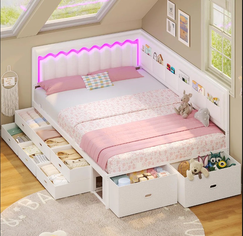 Twin Size Daybed, Corner Bed Frame With 8 Drawers, 6 Storage Pockets, Rgb Wave Lights