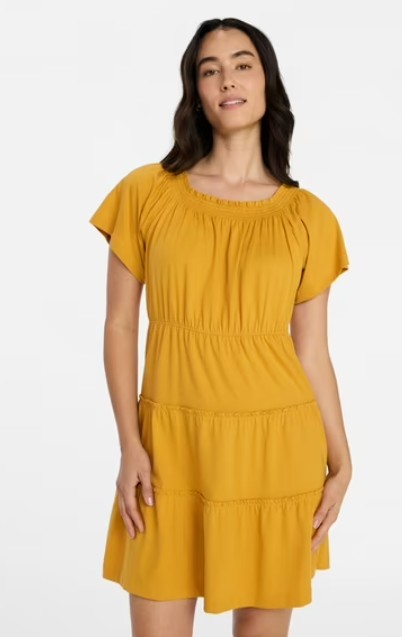 Time and Tru Women’s Tiered Cotton Mini Dress with Flutter Sleeves, Sizes XS-XXXL