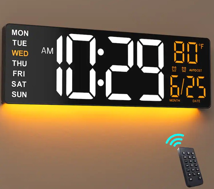 Easyera – 16.5″ Large Digital Wall Clock with Anti-Glare Display, RGB Lights with 10 Scenes Mode Remote Control, Auto DST, BT Sync – Black