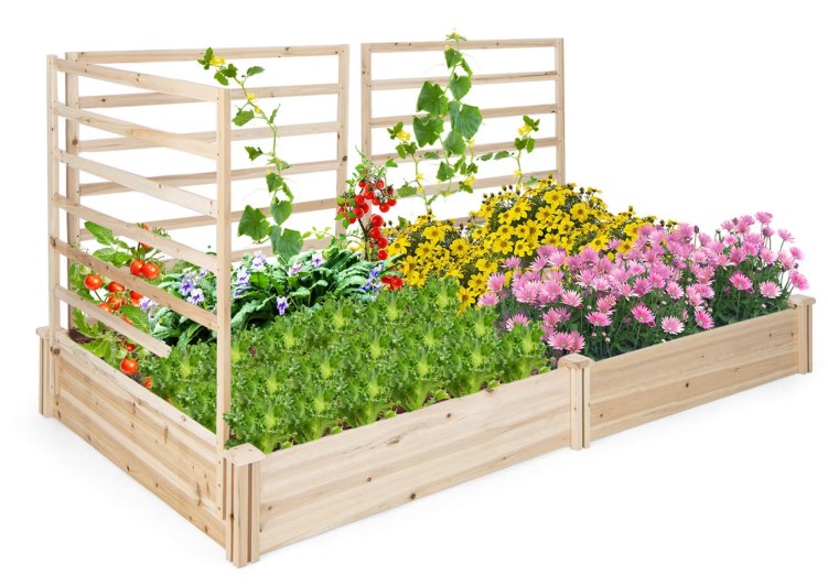 Costway Raised Garden Bed with 3 Trellises with Divided Compartments for Flowers Natural