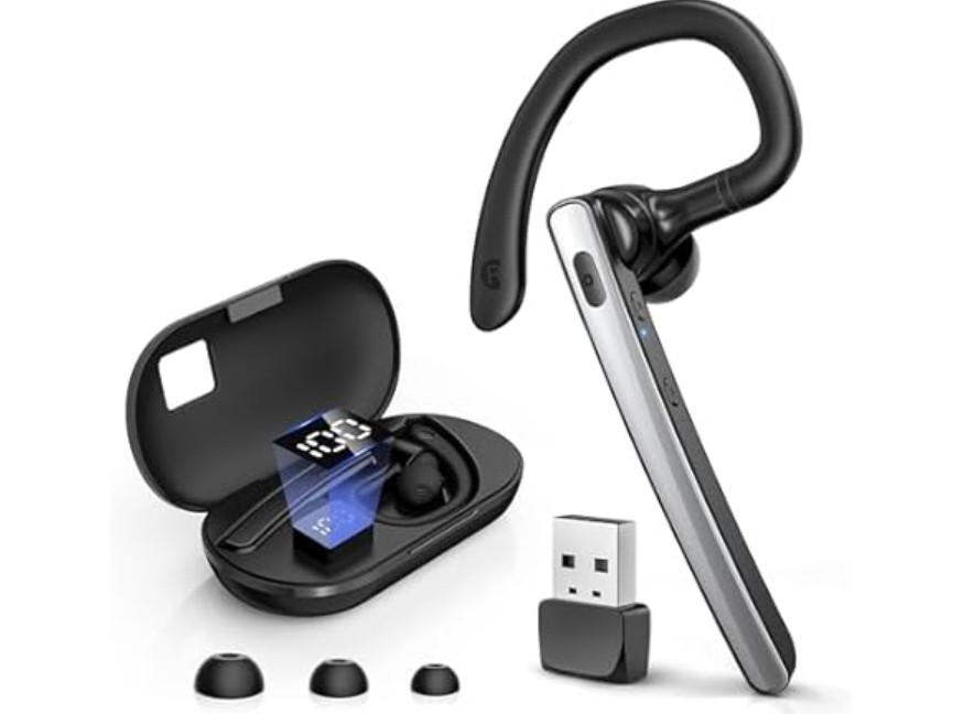 (NEW) TERUNSOUl Bluetooth Wireless Headset V5.3 – 600mAh Charging Case, 110H Playtime, Hands Free Headset for Cell Phone and Computer with Built-in Microphone for Work, Trucker, Office