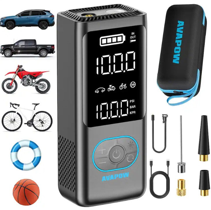 AVAPOW – Tire Inflator Portable Air Compressor, 150 PSI Cordless Car/Motorcycle/Bike Pump with Gauge, 3.7″ LCD, Auto-Off – Gray