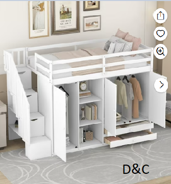 Euroco Wood Twin Loft Bed with Wardrobe, Shelf and Drawers for Bedroom, White