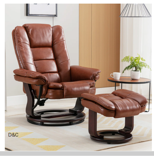 32″ Contemporary Leather Recliner and Ottoman with Swiveling Mahogany Wood Base