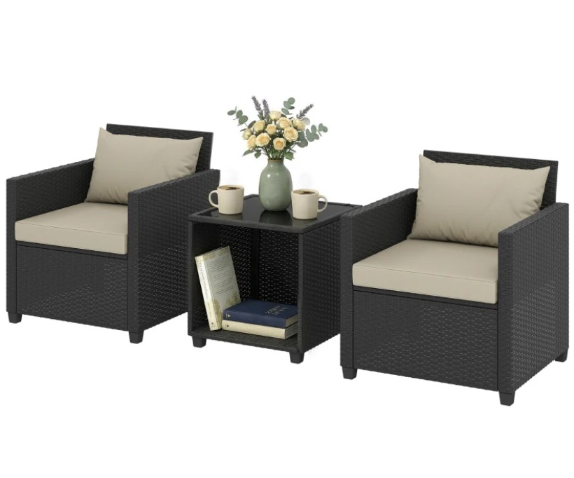 Outsunny 3 Piece Patio Bistro Set, Wicker Furniture Set with Thick Cushions, Glass Coffee Table and Chairs for Garden, Beige