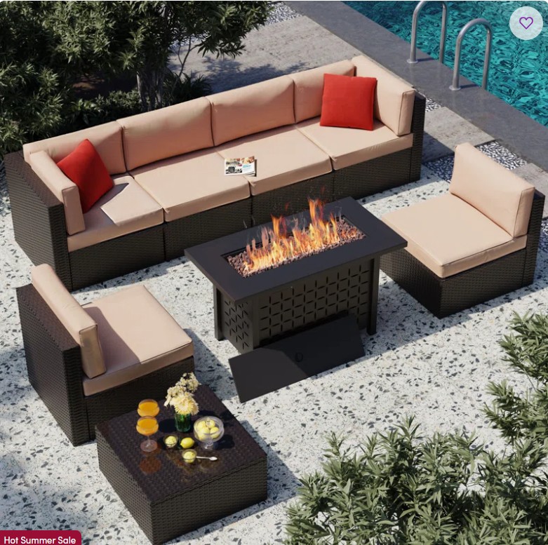 8-Piece Outdoor Rattan Patio Set with Fire Pit Table