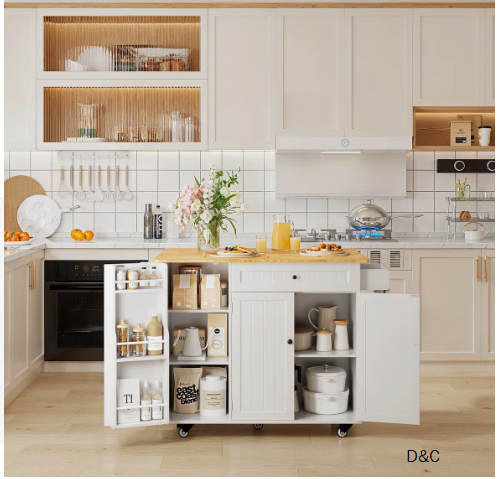 Modern Solid Wood Top Kitchen Island, Large Rolling Kitchen Cart with Drop Leaf Breakfast Bar