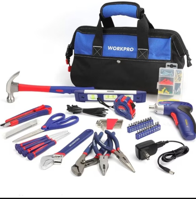 WORKPRO 125-Piece Household Tool Kit – 3.6V Rechargeable Screwdriver & Home Repair Basic Tool Set with 13-inch Easy Carrying Tools Bag, 125 Pcs (W009068A)