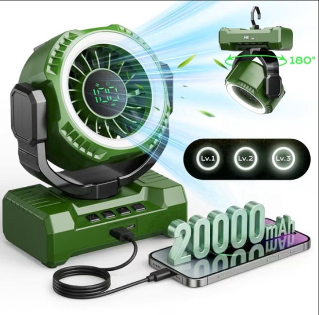 Fimilo 20000mAh Camping Fan with Light, Portable Fan Rechargeable with Hook, 100 Speeds, Timer, 180° Oscillation, Battery Powered for Outdoor Tent Beach Travel