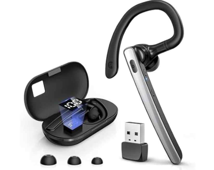 (NEW) TERUNSOUl Bluetooth Wireless Headset V5.3 – 600mAh Charging Case, 110H Playtime, Hands Free Headset for Cell Phone and Computer with Built-in Microphone for Work, Trucker, Office