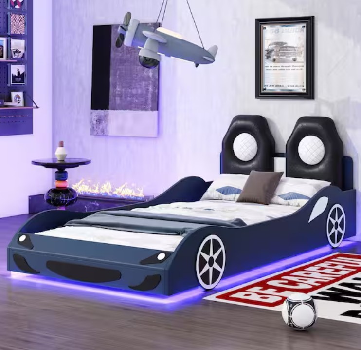 Blue Wood Frame Twin Car-Shaped Platform Bed with LED and Upholstered Backrest