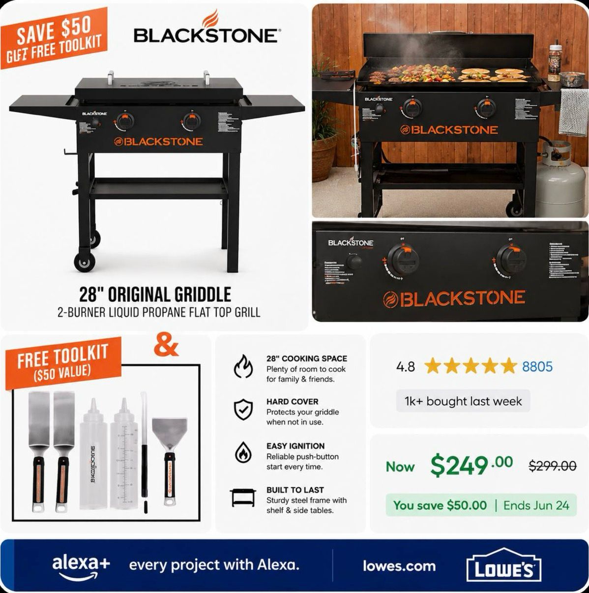 Blackstone 28″ Original Griddle with Hard Cover 2 -Burner Liquid propane Flat Top Grill