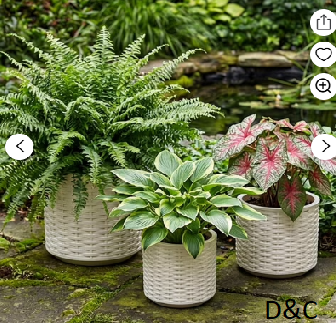 FOUKUS Large Concrete-Like Plastic Planter Set: 3-Piece Woven Texture Round Lightweight Planters for Indoor & Outdoor Use