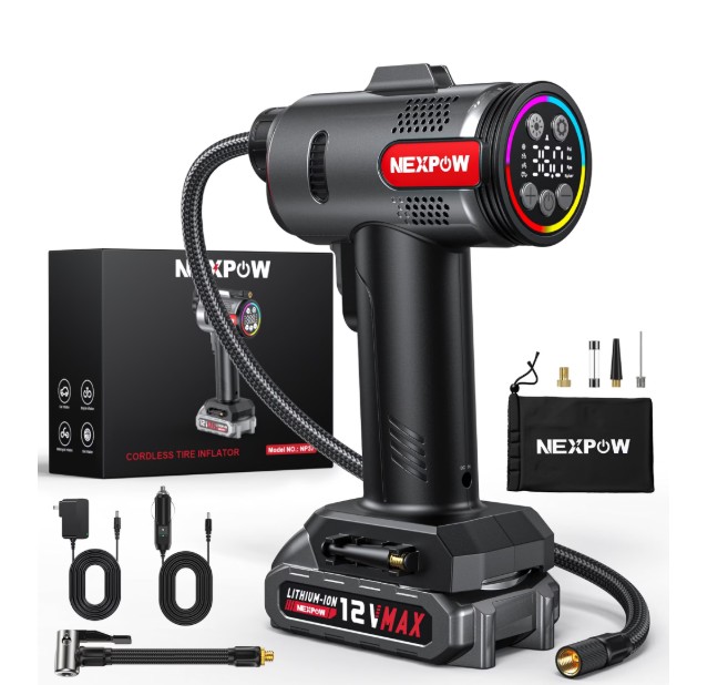 NEXPOW 160 PSI Cordless Tire Inflator, Air Pump for Car Tires, Portable Air Compressor with 20000mAh 12V MAX Battery, 12V DC Dual Power, Auto Shut-Off, Digital Gauge & LED Light