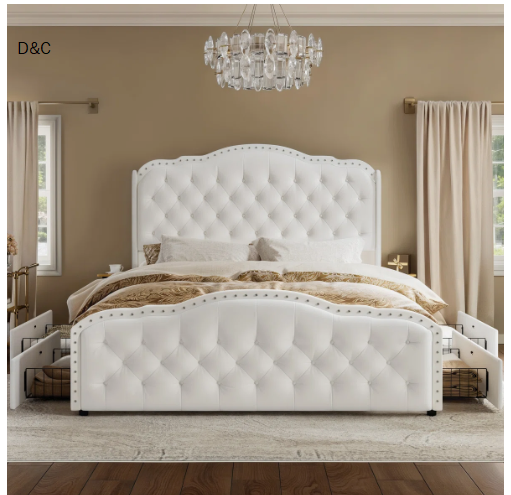 Maber Upholstered Queen Bed with 4 Drawers, Storage Platform Bed with 2 Bedside Tables , Velvet Wingback Bed, No Boxing Spring Needed, Beige