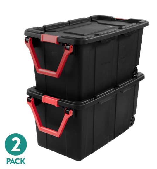 Sterilite Extra-Large Wheeled Industrial Storage Bin, 40 Gallon Durable Plastic Storage Tote with Latching Lid and Pull Handle, Black, 2 Pack