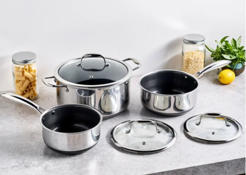 HexClad Hybrid Nonstick 6-Piece Pot Set, 2, 3, and 8-Quart Pots with Tempered Glass Lids, Stay-Cool Handles, Dishwasher-Friendly