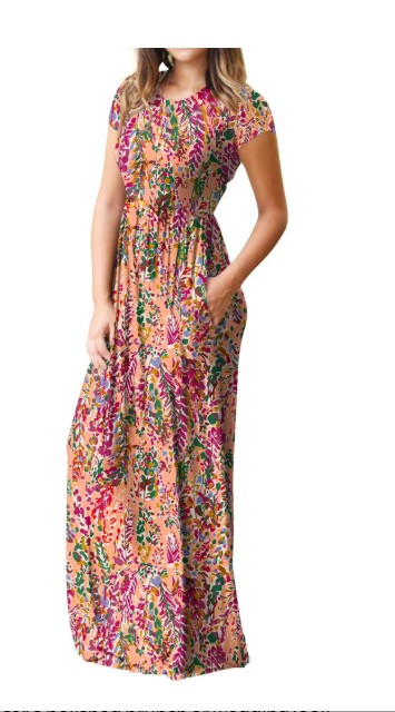 Mengpipi Women’s Maxi Dresses Short Sleeve Long Casual Dresses Loose with Pockets, Colorful leaves-4XL(US 28-30)