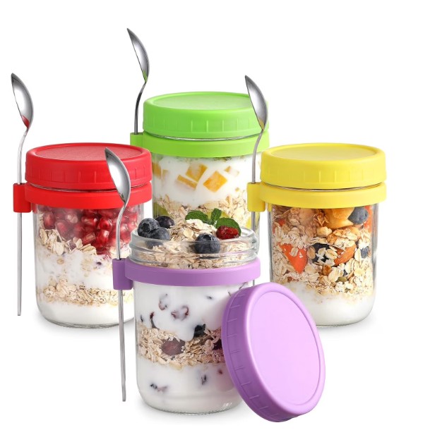 FOUKUS Overnight Oats Containers with Lids: Mason Jars 16 oz with Lids and Spoons, Small Mason Jars for Milk, Cereal, Fruit, Salad, Yogurt